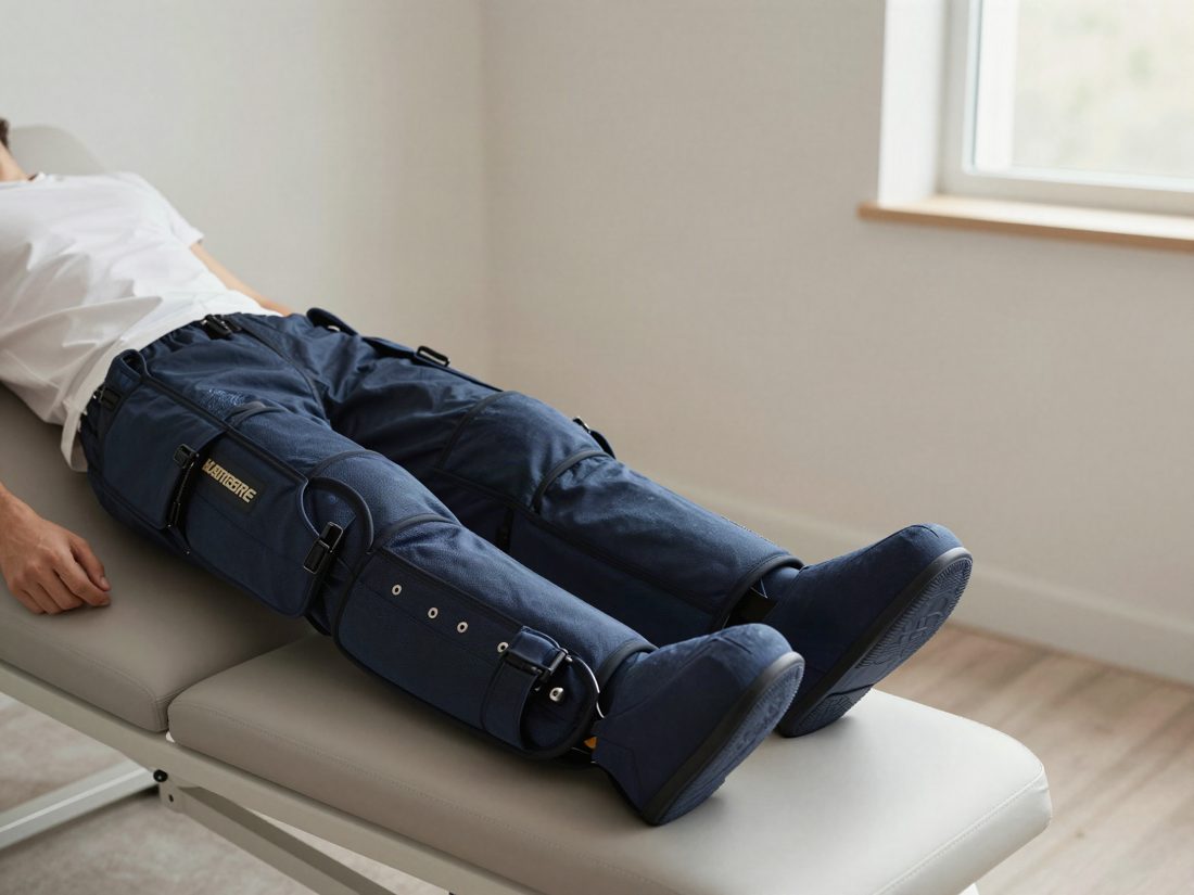 Compression recovery boots on a reclining athlete