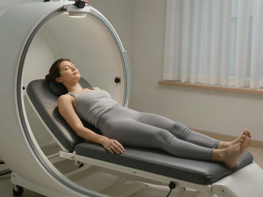 A person resting inside a clear hyperbaric chamber