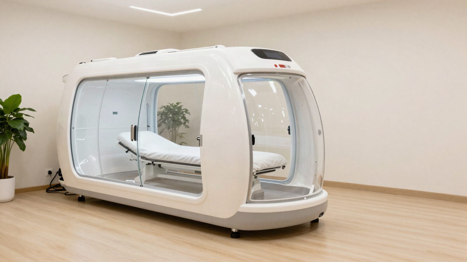 The interior of the studio, with a hyperbaric chamber in soft daylight