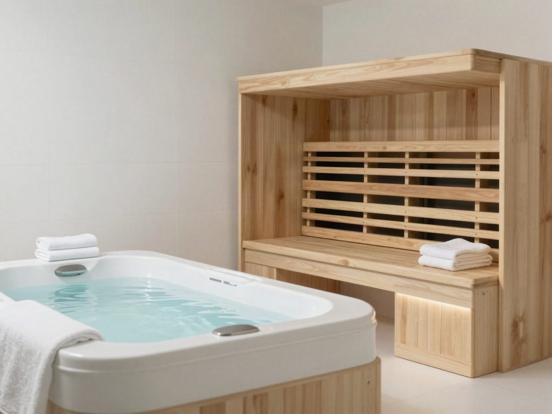 A cold plunge tub beside a cedar infrared sauna